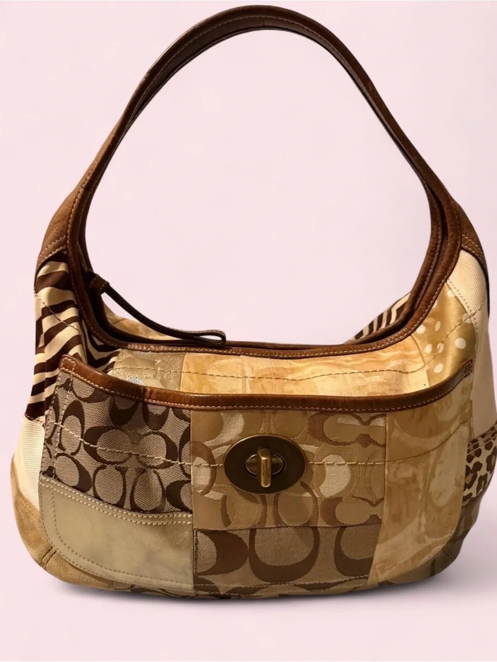 Coach Patchwork Signature Hobo Bag in Brown and Cream